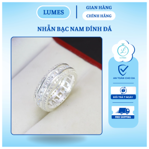 Nhẫn bạc nam đính đá CZ bản vuông hai hàng Lumes