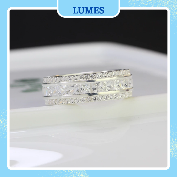 Nhẫn bạc nam đính đá CZ bản vuông hai hàng Lumes