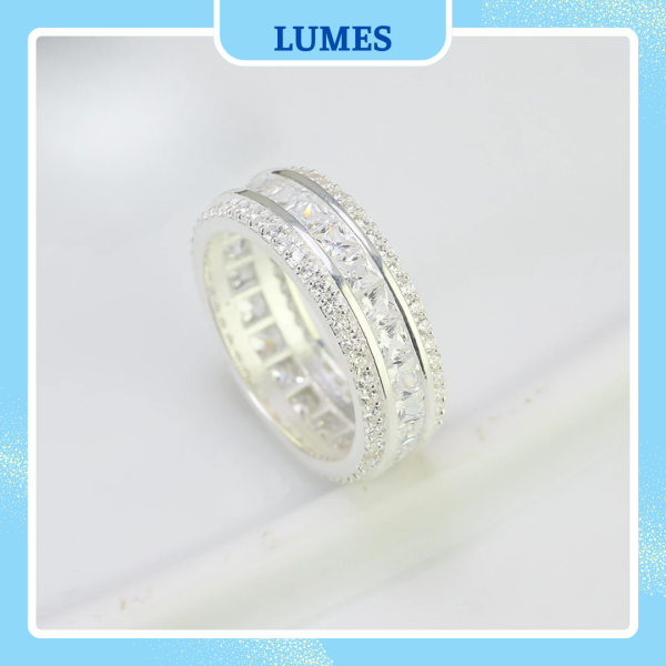 Nhẫn bạc nam đính đá CZ bản vuông hai hàng Lumes