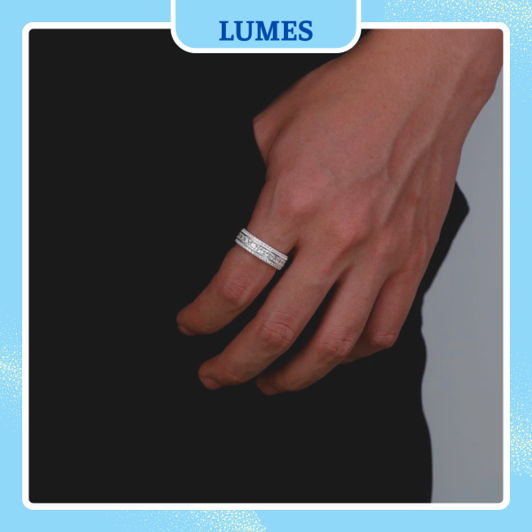 Nhẫn bạc nam đính đá CZ bản vuông hai hàng Lumes