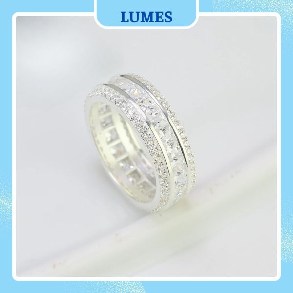 Nhẫn bạc nam đính đá CZ bản vuông hai hàng Lumes - NB02