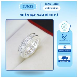 Nhẫn bạc nam đính đá CZ bản vuông hai hàng Lumes - NB02